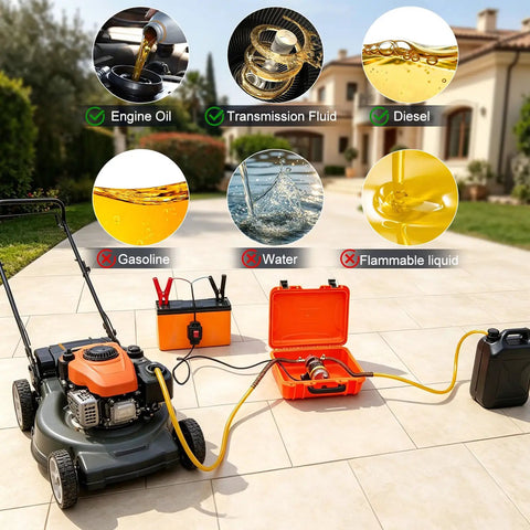 No Sweat All In One Electric Oil Change Extractor Pump Kit 12V 24V showing accepted and rejected fluids for use.