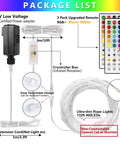 Package contents of 132Ft LED Rope Lights Outdoor String Light With 400 LEDs 24 RGB Colors Plus Warm White Waterproof, including remote, power adapter, and controller box.