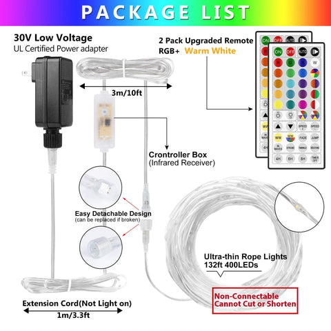 Package contents of 132Ft LED Rope Lights Outdoor String Light With 400 LEDs 24 RGB Colors Plus Warm White Waterproof, including remote, power adapter, and controller box.
