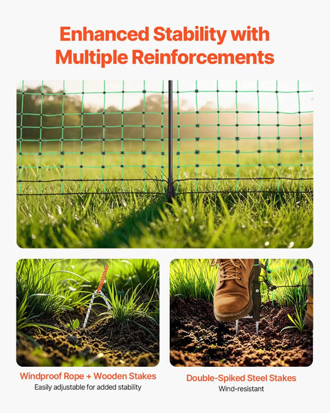 Electric Fence Netting 50 Inch High And 164 Feet Long With Posts And Stakes shown with enhanced stability features in garden