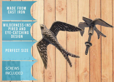 Vintage Cast Iron Closet Door Pull Handles In Bronze Finish With Delicate Bird Design Set Of 2 Handcrafted view with screws and bird motif