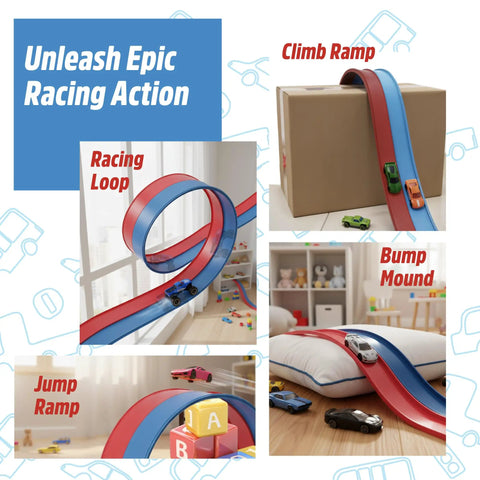 Flexible Race Track For Kids 15 Foot Roll Up Starter Set With Suction Cups Compatible With Hot Wheels 1 64th Cars shown in racing scenes