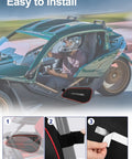 Installation steps for Waterproof Side Door Storage Bags For Polaris Slingshot 2015 To 2023, including attachment and secure fit.