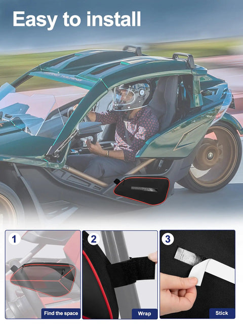 Installation steps for Waterproof Side Door Storage Bags For Polaris Slingshot 2015 To 2023, including attachment and secure fit.