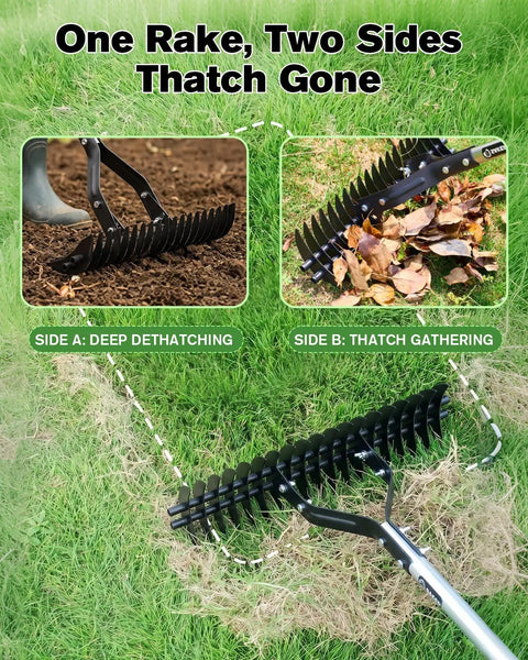 15 Inch Heavy Duty Dethatching Rake With Adjustable Long Handle Metal Turf Rake for Grass and Lawn Cleanup, 19 Steel Tines