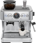 Next Level No Sweat Home Espresso Machine Built Around Conical Burr Grinder Barista Steam Frother with coffee beans and cup.