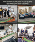 Four scenes showing an Indoor Putting Green With Auto Ball Return For Home Or Office No Hump Design Easy Fold Solid Wood Base Plush Velvet Surface Two Hole Practice Mat in various settings, including office and home.