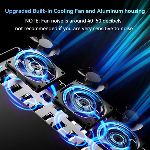 Upgraded cooling fan and aluminum housing of the Sleek 12 Bay Aluminum Hard Drive Enclosure With Rapid Cooling Fan For 2.5 And 3.5 Inch SATA HDD or SSD.