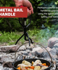 Preseasoned 10 Inch Cast Iron Dutch Oven With Lid For Outdoor Cooking, 4 Qt Capacity, with visible bail handle in use