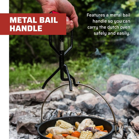 Preseasoned 10 Inch Cast Iron Dutch Oven With Lid For Outdoor Cooking, 4 Qt Capacity, with visible bail handle in use