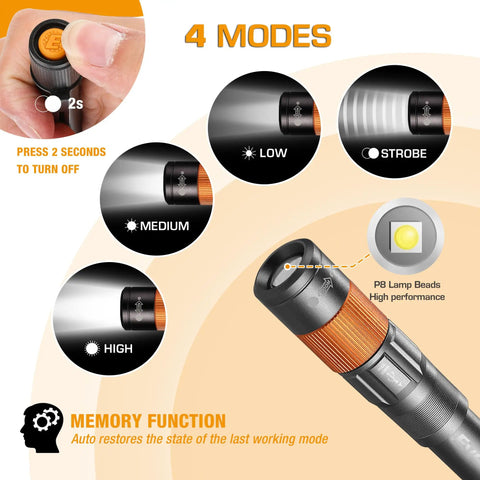 Rechargeable Pen Light With 300 Lumens Zoomable LED Pocket Flashlight UV Light Option Clip Memory Mode USB C Cable Included