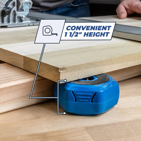 Multipurpose Project Blocks Set lifting wood board 1-1/2 inches above the surface with blue hexagon woodworking block for stability.