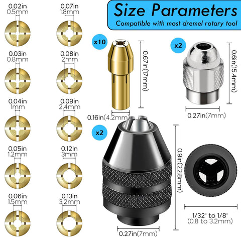 Go-To 16 Piece Drill Chuck Collet Set For Dremel Rotary Tools with brass collets and metal nut sizes for 1/32 to 1/8 inch shank.