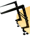 Portable DJ Laptop Stand With Adjustable Height attached to table showing steel frame and anti slip surface
