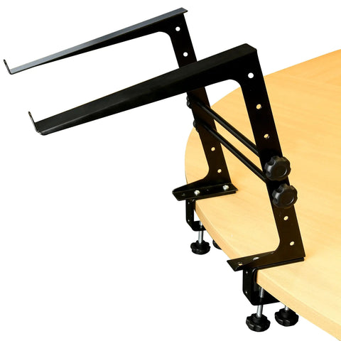 Portable DJ Laptop Stand With Adjustable Height attached to table showing steel frame and anti slip surface