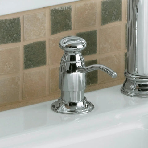 Old-School Classic Soap And Lotion Dispenser In Polished Nickel, 16-Ounce Bottle, Above-Counter Refill next to tiled backsplash