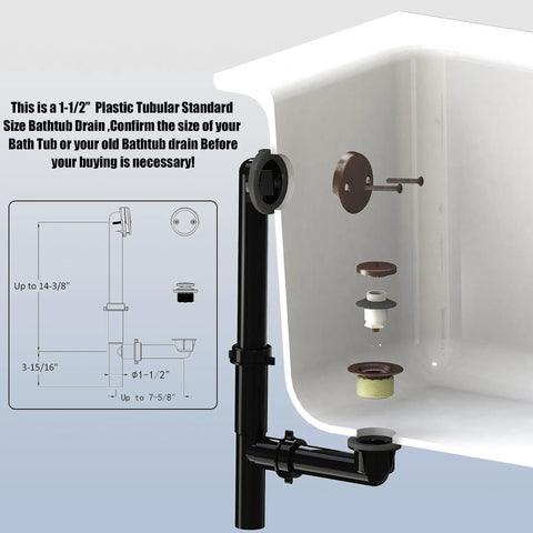Diagram of One And A Half Inch Black Tubular Bath Drain Kit With Tip Toe Touch Toe Drain Stopper in oil rubbed bronze finish
