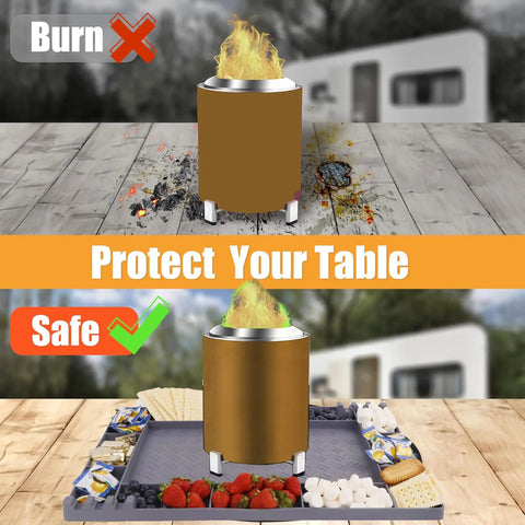 Top view of tabletop with burn marks vs. protected with Heat Resistant Silicone Fire Pit Mat 22x15 Inches, showing safe cooking