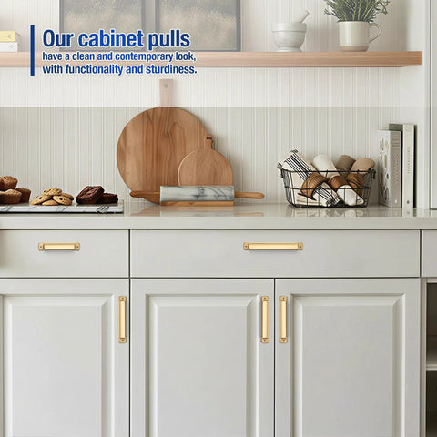 Modern kitchen with cabinets featuring 6 Pack 3 Inch Hole Center Cup Pulls Champagne Bronze Zinc Alloy Cabinet Hardware For Kitchen Cabinets And Dressers Built Tough With A Classic Antique Brass Finish.