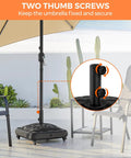Fillable Mobile Umbrella Base With 4 Wheels 4 Locks 2 Knobs Heavy Duty Patio Umbrella Pole Holder For Outdoor Deck Poolside Garden 123 Lb Capacity Black Checkered with focus on two thumb screws securing the pole.