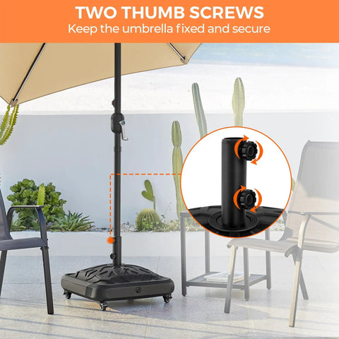 Fillable Mobile Umbrella Base With 4 Wheels 4 Locks 2 Knobs Heavy Duty Patio Umbrella Pole Holder For Outdoor Deck Poolside Garden 123 Lb Capacity Black Checkered with focus on two thumb screws securing the pole.