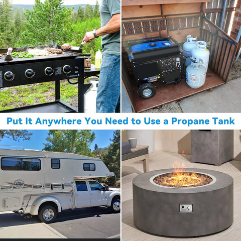 Collage featuring propane grill, generator with tanks, RV, and fire pit, illustrating use of 2 Stage Auto Changeover Propane Regulator Kit For RVs