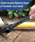 Ratcheting Podger Scaffold Spud Wrench With Double Ended Sockets 19mm And 22mm in use for bolt alignment on construction site.