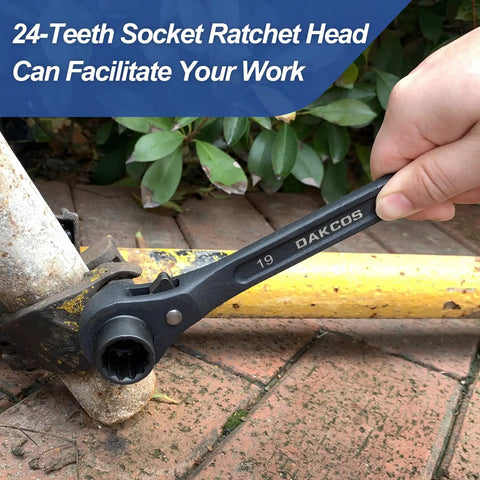 Ratcheting Podger Scaffold Spud Wrench With Double Ended Sockets 19mm And 22mm in use for bolt alignment on construction site.