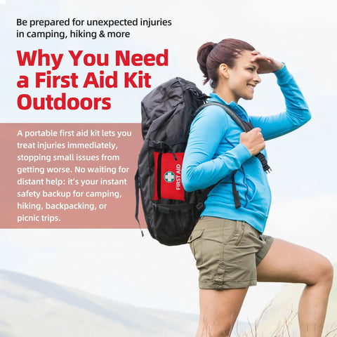 General Medi Mini First Aid Kit, red pouch attached to a hiking backpack