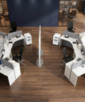 Tackle The Daily Grind With This Three Person Collaborative Office Workstation White Commercial Cubicle Desk featuring desks, privacy panels, and power outlets.