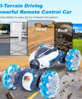 Fosgoit gesture-sensing RC stunt car with white/blue body and glowing blue wheels on road, 4WD