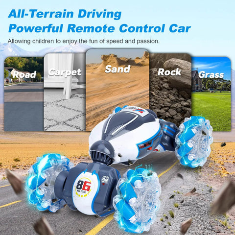 Fosgoit gesture-sensing RC stunt car with white/blue body and glowing blue wheels on road, 4WD