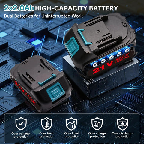 Two high-capacity 2.0Ah batteries for Beast 21V Brushless Cordless Rivet Gun Kit With Two 2.0Ah Batteries And Charger