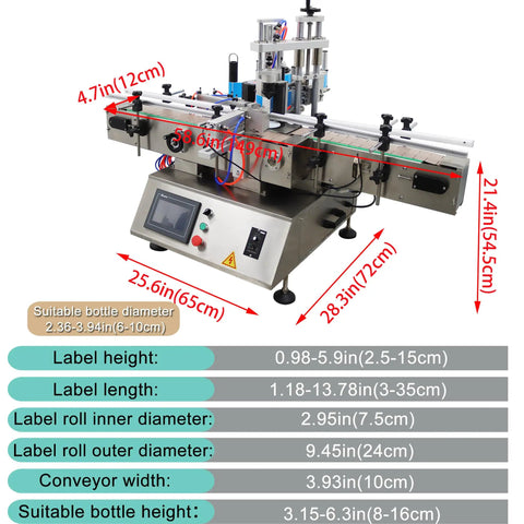 No Sweat Automatic Desktop Labeling Machine With Conveyor Belt for quick round and square bottle tagging, 2.36-3.94 inch suitable diameter.