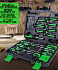Open green case showing Magnetic Screwdriver Set In Green Case 43 Piece Master Kit organized in foam insert for visibility