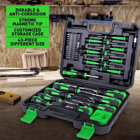 Open green case showing Magnetic Screwdriver Set In Green Case 43 Piece Master Kit organized in foam insert for visibility