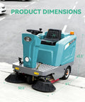 Badass Heavy Duty Ride On Industrial Floor Sweeper Devours Workplace Clutter Fast With Huge 26.4 Gallon Hopper And Bulletproof All Terrain Wheels For Nonstop Sweeping Power, showing product dimensions.