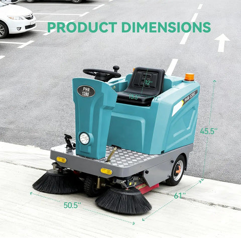 Badass Heavy Duty Ride On Industrial Floor Sweeper Devours Workplace Clutter Fast With Huge 26.4 Gallon Hopper And Bulletproof All Terrain Wheels For Nonstop Sweeping Power, showing product dimensions.