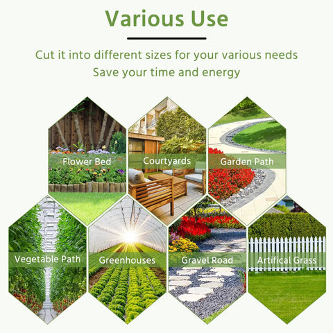 Collage showing Heavy Duty Weed Barrier Fabric uses in gardens, courtyards, paths, greenhouses, gravel roads, artificial grass.
