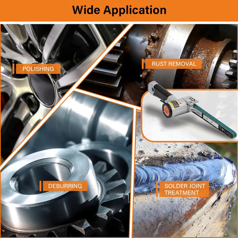 Wide application of Rock Solid Multi Angle Industrial Air Belt Sander, showcasing polishing, rust removal, deburring, and solder joint treatment.