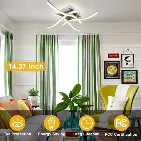4 Light Modern LED Ceiling Light With Curved Wave Design Brushed Nickel Finish 18W in bright living room with green accents