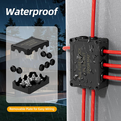 ANL Fuse Holder Includes 300A 400A 500A Fuses Max 1000A Waterproof Fuse Block with removable plate for easy wiring