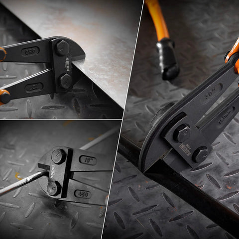 Close-up of 24-Inch Heavy-Duty Bolt Cutter cutting steel wire and metal rod, featuring soft grip ergonomic handle and rugged steel build.