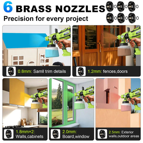 Powerful 1000W Electric Paint Sprayer For Fast House Painting With Smooth Coverage On Walls Furniture And Fences No Drip Hassle Gets Jobs Done Quick Weekenders Will Absolutely Love This Corded Gun showcasing 6 brass nozzles for various projects.