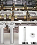Heavy Duty Stainless Steel Exhaust Manifold Bolts And Studs Hardware Kit For Ford 4.6 Liter And 5.4 Liter V8 Engines Featuring 16 Rig Ready Pieces Built Tough For The Daily Grind with two shiny bolts on an engine background.