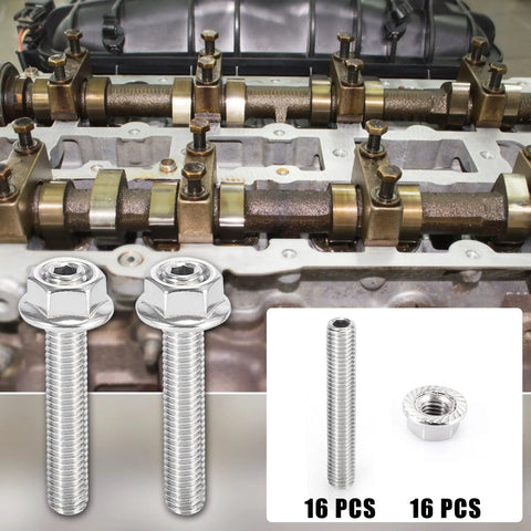 Heavy Duty Stainless Steel Exhaust Manifold Bolts And Studs Hardware Kit For Ford 4.6 Liter And 5.4 Liter V8 Engines Featuring 16 Rig Ready Pieces Built Tough For The Daily Grind with two shiny bolts on an engine background.