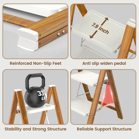 Lightweight Aluminum 2 Step Folding Ladder With Wide Pedals And Anti Slip Grip For Safer Heights Opens To 18 x 20.8 x 24 Inches Folds Down To 25.9 x 18 x 1.9 Inches And Weighs Just 5.73 Pounds For Easy Indoor Or Outdoor Use., reinforced non-slip feet and 7.9-inch anti-slip step