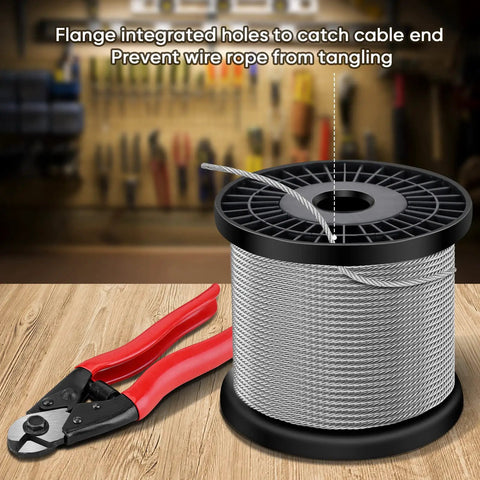 One Eighth Inch Black Stainless Steel Deck Cable 300 Ft With Cutter, coiled wire rope with cutter on wooden table