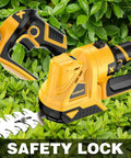 Close-up of cordless hedge trimmer with safety lock feature, suitable for Dewalt 20V Max Battery Compatibility No Battery Included