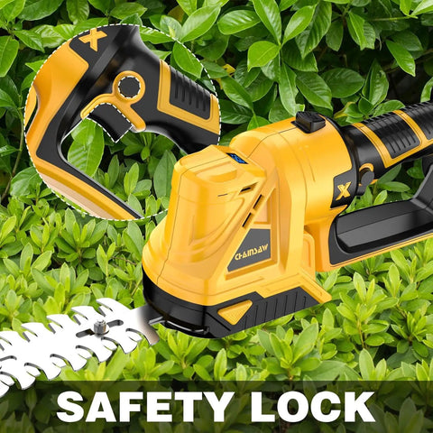 Close-up of cordless hedge trimmer with safety lock feature, suitable for Dewalt 20V Max Battery Compatibility No Battery Included